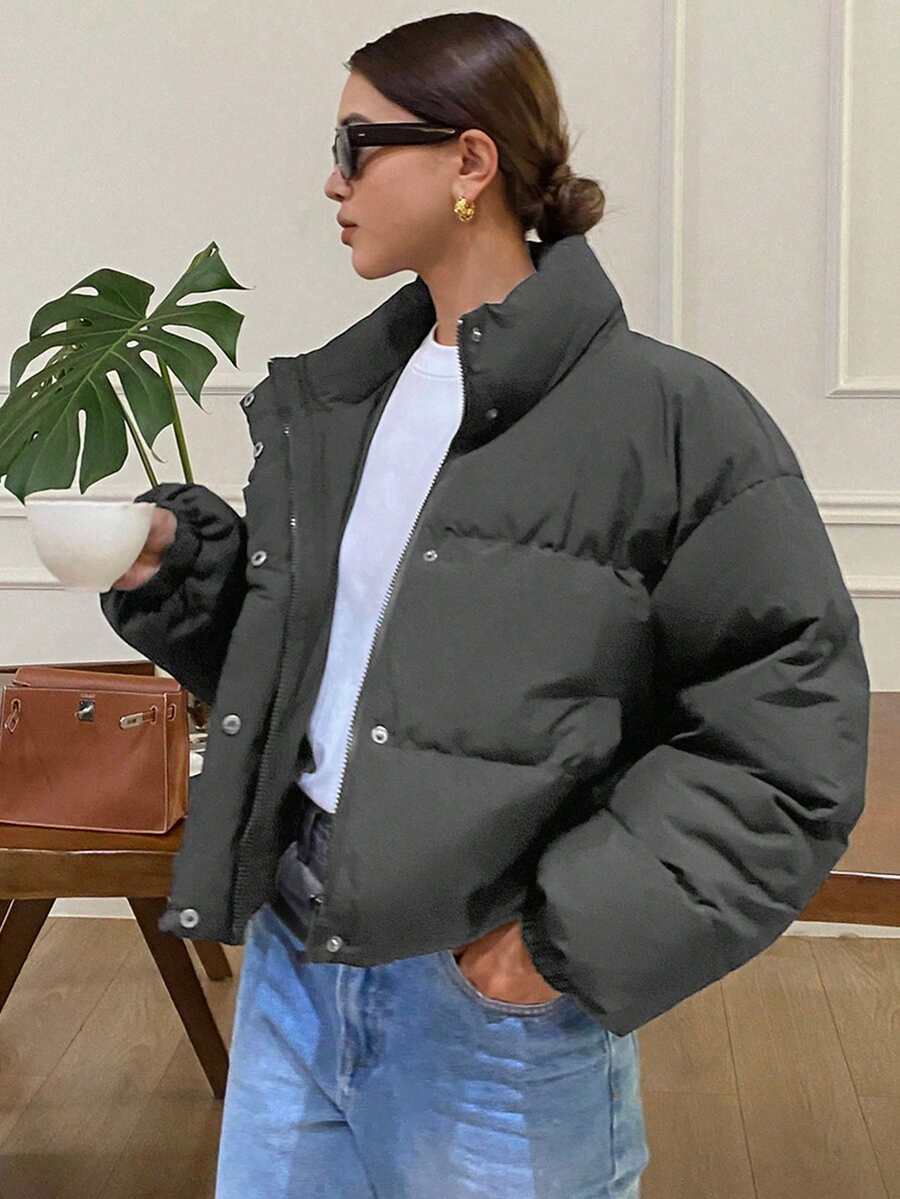 DAZY 前开式宽松女式夹棉大衣、长袖夹克 - 灰色 - 查看 1