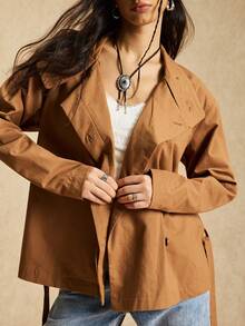 Easelle Women's Brown Woven Stand Collar Drop Shoulder Long Sleeve Fashionable And Versatile Regular Coat, Perfect For Autumn And Winter - Brown - View 7