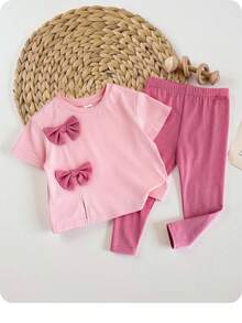 女宝宝夏季可爱粉色蝴蝶结短袖上衣和裤子 2 件套 - 粉色 - 查看 1