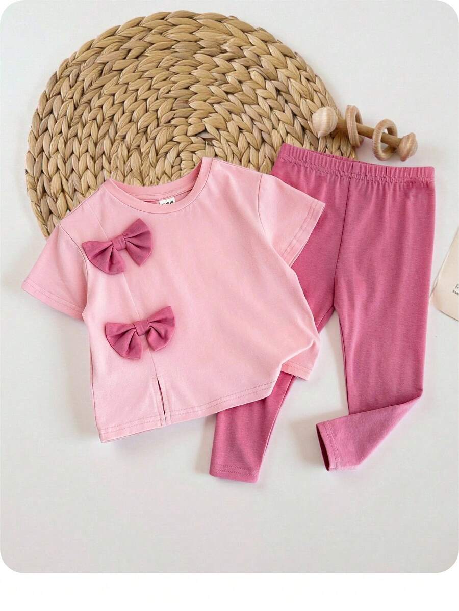 女宝宝夏季可爱粉色蝴蝶结短袖上衣和裤子 2 件套 - 粉色 - 查看 1