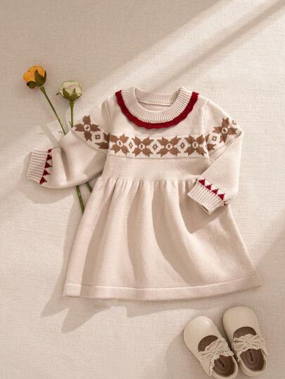 Souflis Souflis Baby Girl Knitted Dress, Round Neck Long Sleeve Jacquard Sweater Dress, Sweater Skirt With Red Knitted Lace Trim, Suitable For Christmas, Daily Wear, Outings, Parties, Holidays, Great As A Gift Baby Fall Dress