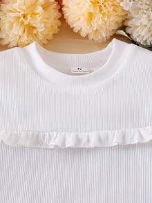 SHEIN Elladie kids 女童可爱黑色罗纹长袖上衣搭配蝴蝶结装饰开衩裙，秋冬T恤套装 - 白色 - 查看 5