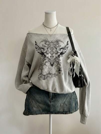 Attitoon Sudadera holgada de manga larga con estampado de cruz y flores, de estilo vintage punk y casual Y2K, en color gris claro, cómoda para otoño/invierno