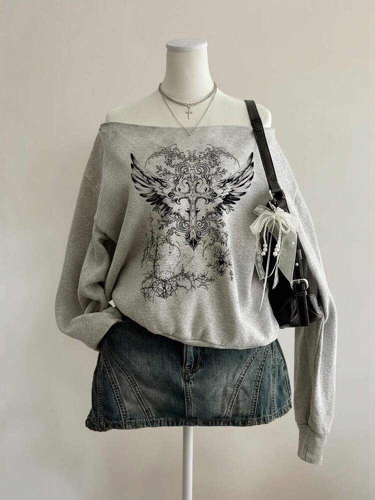 Attitoon 浅灰色休闲复古朋克 Y2K 女式宽松露肩长袖运动衫，带十字架和花卉印花，适合秋冬穿着 - 淺灰色 - 查看 1