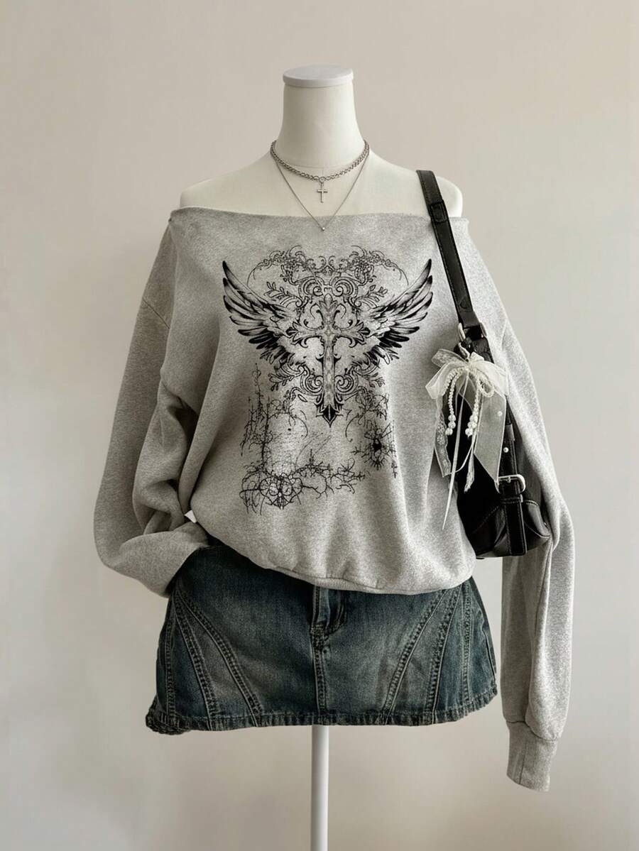 Attitoon 浅灰色休闲复古朋克 Y2K 女式宽松露肩长袖运动衫，带十字架和花卉印花，适合秋冬穿着 - 淺灰色 - 查看 1
