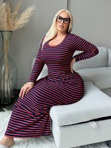 SHEIN SXY 大码女式舒适休闲圆领长袖紧身连衣裙，秋冬 - 彩色 - 查看 5