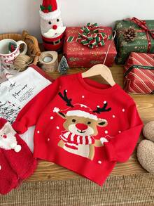 SHEIN 4 件套家庭装圣诞套装 - 妈妈和我：小男孩、小女孩休闲可爱圣诞帽、驯鹿、红色圣诞毛衣圆领套头衫，适合秋冬季、居家、郊游、圣诞派对 - 紅色 - 查看 4