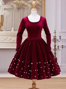 Girls' Vintage Elegant Velvet Scoop Neck Long Sleeve Dress, Fashion Beaded Hem Decoration, Autumn/Winter Christmas Outfits Elegant Long Sleeve Dress Christmas Dress Velvet Dress Vintage Girls Dress  Princess  Halloween/Christmas Party Dresses For  Vacation  Autumn And Winter