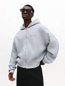 SUMWON 男士短款拉链连帽衫，带抽绳和中央口袋，休闲街头风卫衣外套，纯色 - 灰色 - 查看 5