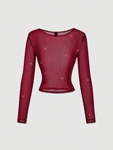 SHEIN MOD Maglietta a maniche lunghe aderente e trasparente di moda e sexy da donna, adatta per autunno/inverno, Capodanno, feste, Natale, matrimoni, elegante per signore, stile retrò, di lusso, top rosso, maglietta bordeaux