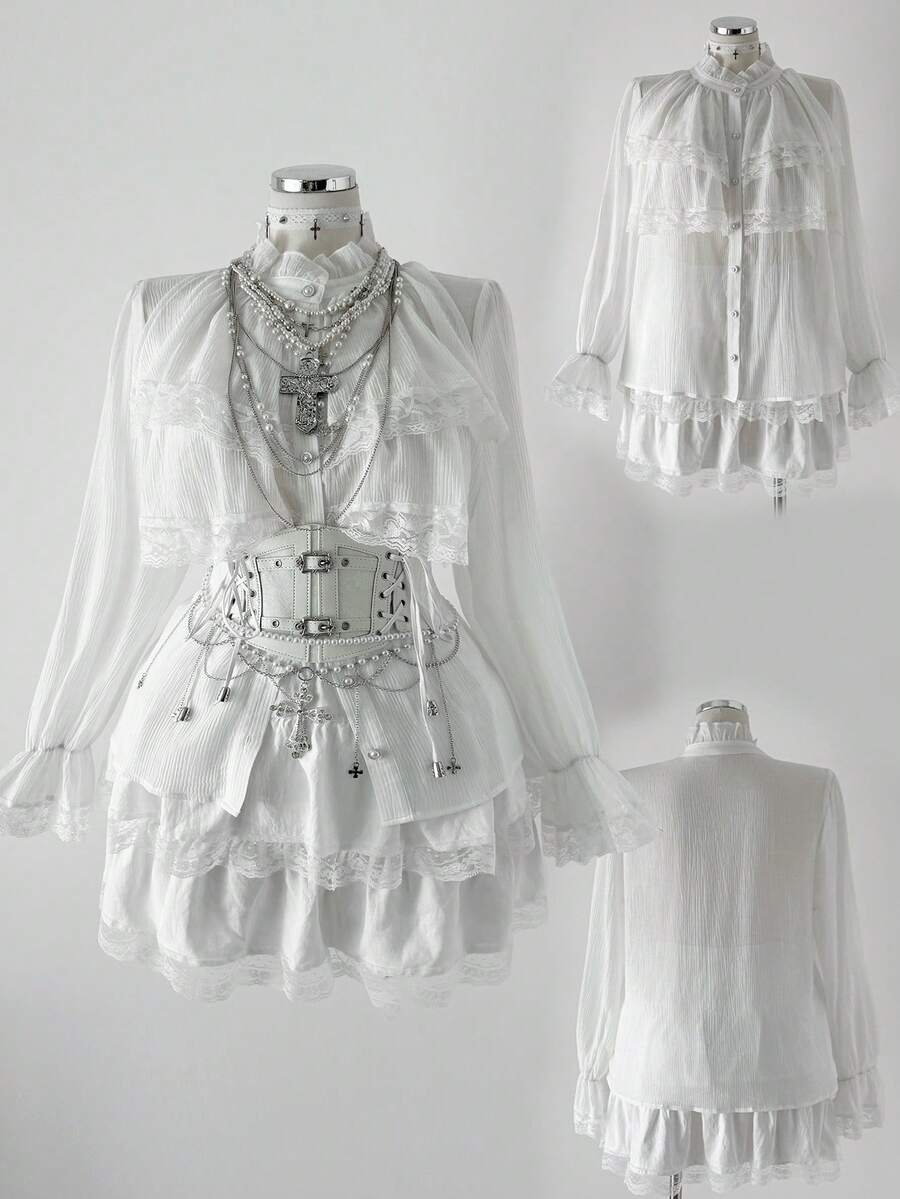 Sunspun 纹理面料和蕾丝边公主领泡泡袖衬衫，优雅适合春秋季节、度假、商务休闲 - 白色 - 查看 1