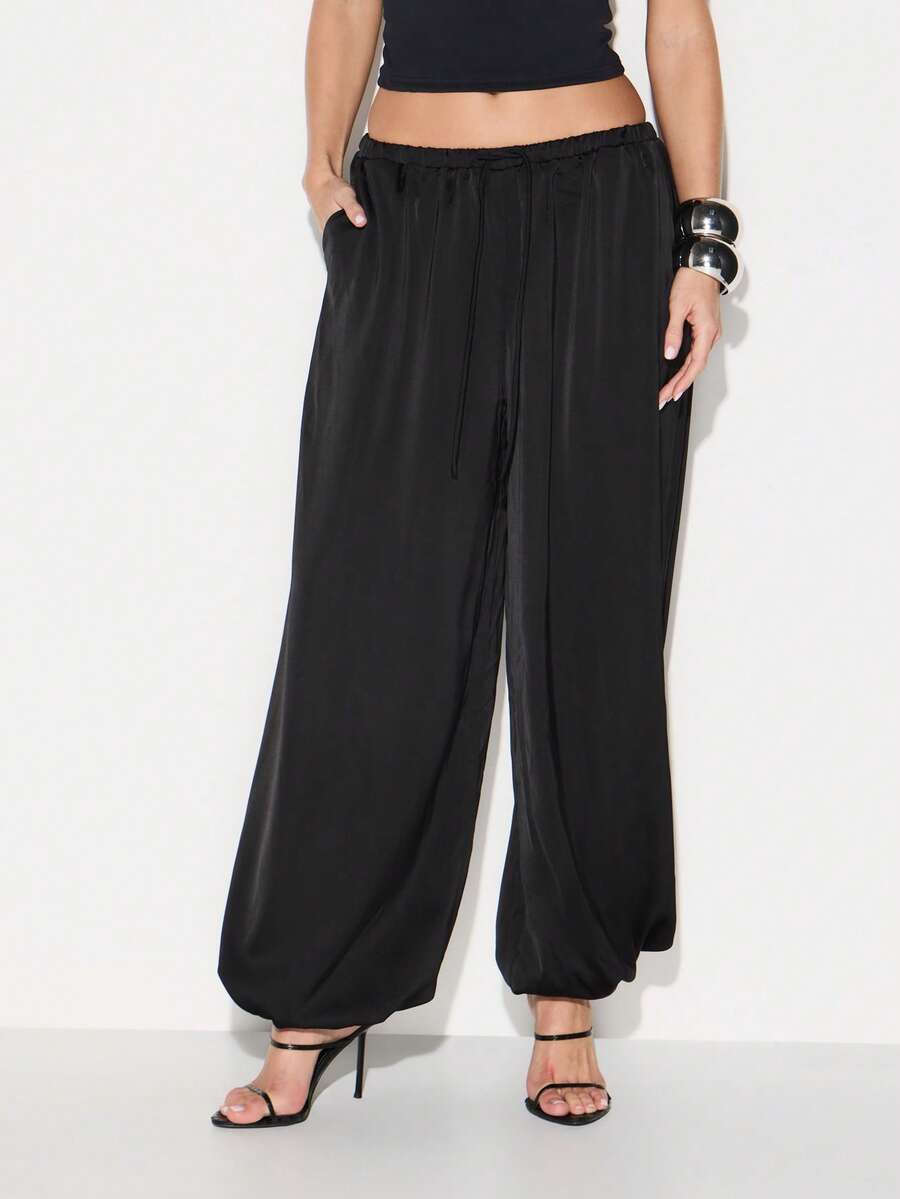 KIZN Women Black Satin Balloon Joggers Loose Fit High Rise Wide Leg Drawstring Casual Pants - Burgundy - View 1