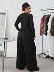 SHEIN EZwear Bộ đồ liền thân nhung kẻ trơn màu tối giản hàng ngày cỡ lớn - màu đen - Xem 3