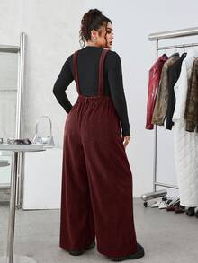 SHEIN EZwear 大码纯色简约日常灯芯绒连体裤 - 酒紅色 - 查看 3