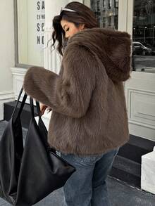 Easura Plus Size Women Solid Color Long Sleeve Zipper Front Casual Faux Fur Hooded Jacket, Autumn/Winter - Coffee Brown - View 1