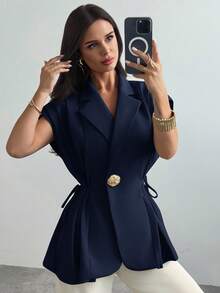 Firerie 女士新款休闲优雅百搭金属纽扣亚麻海军蓝薄款西装外套/仿亚麻西装外套/褶皱领带上衣/商务休闲女装/女士教师装/女士复古服装/秋冬女士办公室服装 - 藏蓝色 - 查看 6