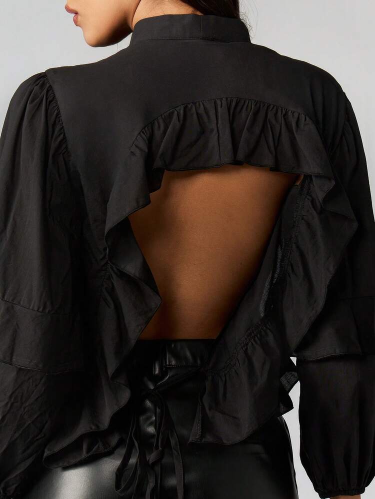 MISSGUIDED Ruffle Curved Hem Blouse Long Balloon Sleeve Tie Neck Office Professional Top