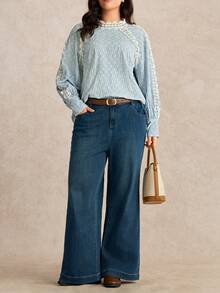 EMERY ROSE Blusa de manga larga con cuello alto, textura, bordado, parches y encaje para mujer de talla grande, elegante y casual para uso diario, primavera/otoño