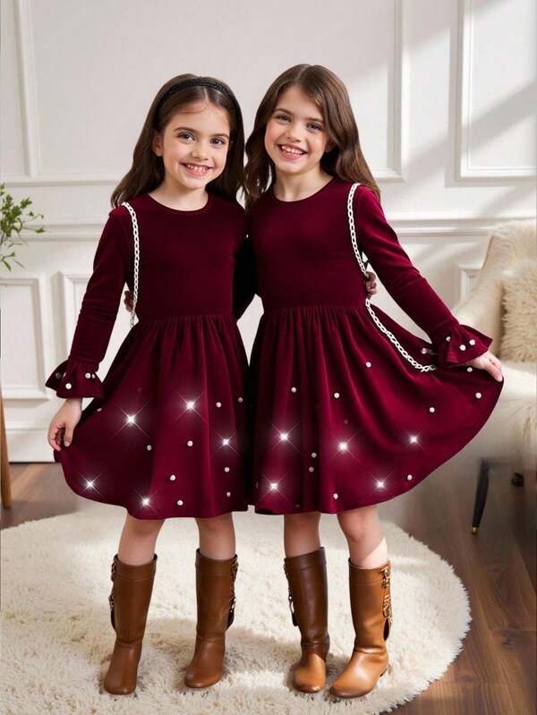 SHEIN Tween Mädchen Elegant Paillettenbesetztes Samt Trompetenärmel Patchwork Rüschen Saum Kleid, geeignet für Weihnachtsparty, weinrotes Halloween Kleid
