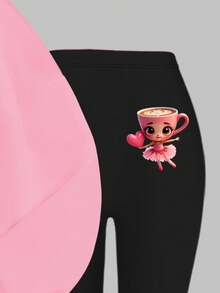 2 件套年轻女孩休闲卡通心形印花落肩宽松圆领长袖运动衫和紧身裤，适合秋冬季 - 彩色 - 查看 5