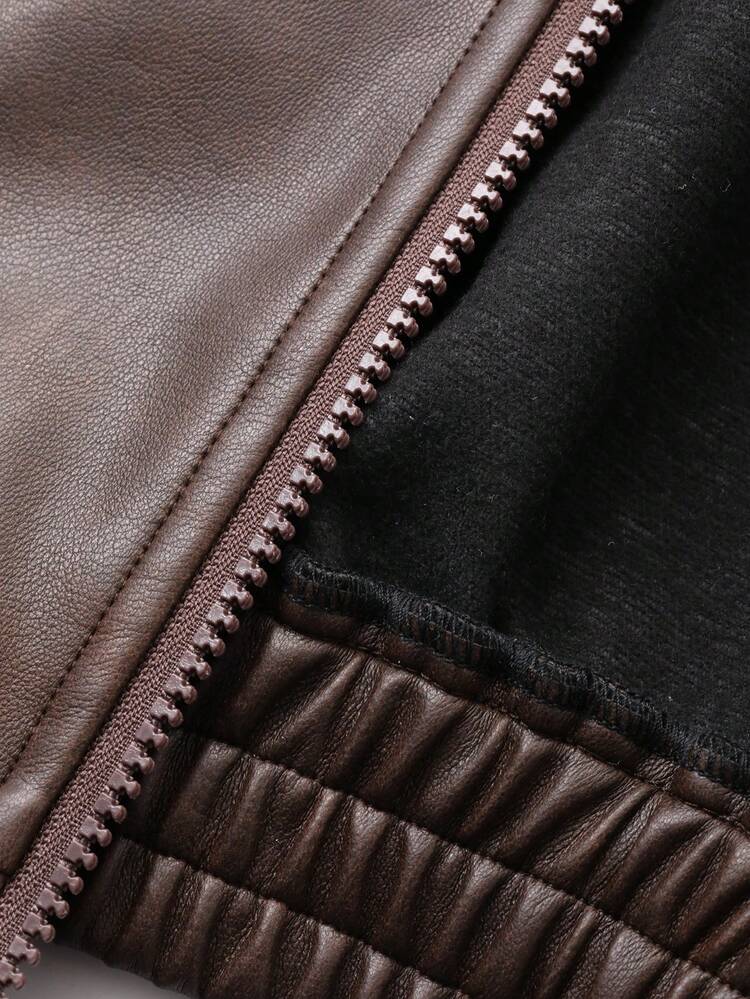 Tween Boy Solid Color Drop Shoulder Long Sleeve Zip-Up Loose PU Leather Jacket, Autumn