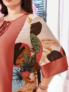 SHEIN Lacomfia 大码女式阿拉伯风格宽松休闲连衣裙，圆领，系腰，七分袖，拼接 - 彩色 - 查看 6