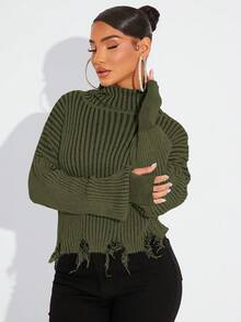 SHEIN SXY Suéter de punto de cuello alto sólido con mangas largas y efecto desgastado para salir en otoño/invierno - Verde militar - Ver 3