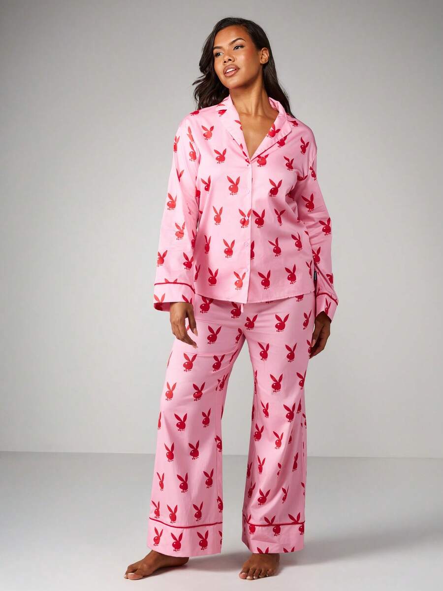 Missguided x Playboy Christmas Print Pajama Set With Button Up Top - Multicolor - View 1