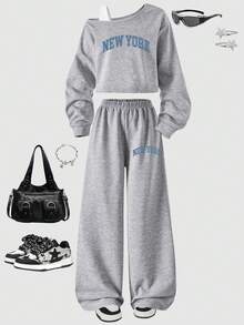 2 件套 Tween Girls ME 宽松设计不对称肩部拼色印花长袖上衣和阔腿裤套装，适合日常休闲、通勤、度假、聚会、街头风格、秋冬 - 灰色 - 查看 4