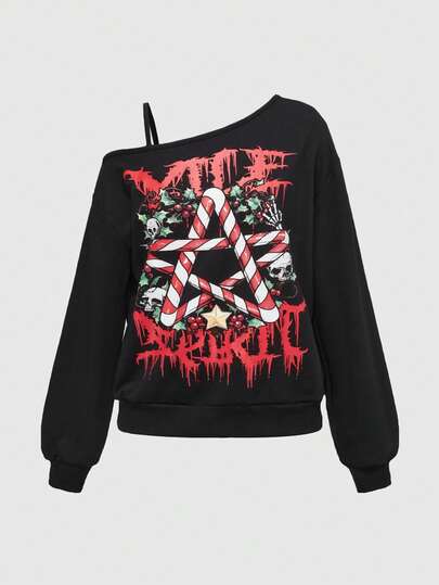 Goth sweat-shirt ample à épaules obliques avec imprimé de squelette gothique, de canne de Noël et de pentagramme