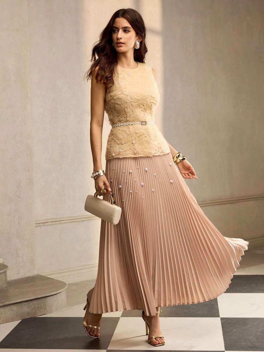 ZEYLAH 3D Blumen Patchwork Plissee Perlenkleid, Herbst/Winter - Champagnerfarben - Übersicht 1