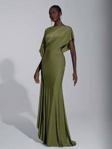 Elitara Elegant Luxurious Navy Blue Satin Ruffle Sleeve Sexy Slit Fishtail Bridesmaid Dress