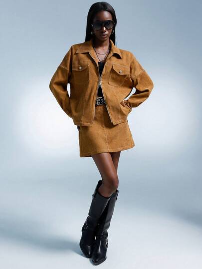 Aveloria Affinna 女士时尚欧式翻领宽松休闲拉链装饰套头衫和复古裙两件套，棕色，秋冬