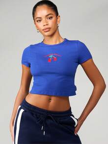 Missguided x Playboy Áo thun crop top in họa tiết quả anh đào cho bé mùa hè Y2k, áo thun cotton cơ bản, phong cách lễ hội, trang phục thường ngày, phong cách đường phố - Màu xanh lam - Xem 1