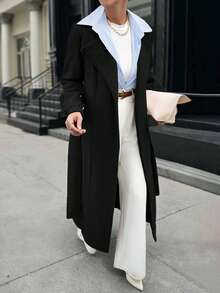 EURMUSE Women Oversize Pocket Long Sleeve Neck Button Maxi Long Elegant Overcoat - Black - View 1
