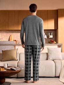 Manfinity Underwear&Sleepwear Basics 男士格子圆领长袖上衣和裤子睡衣套装，秋冬服装，圣诞节 - 深灰色 - 查看 2