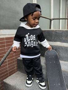 SHEIN 2pcs Baby Boy Autumn/Winter Outfit, Funny Pattern Black Main Body With White Hooded Top And Pants Lining, Suitable For Halloween, Birthday, Christmas, School, Baby Boy Clothing Set - Multicolor - View 3