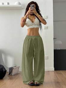 Coolane 女式夏季乡村音乐会外出海滩装波西米亚风基本款简约水洗 100% 纯棉白色裤子弧形下摆裤 - 綠色 - 查看 5