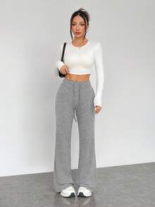 SHEIN EZwear 浅灰色加大码休闲舒适柔软高弹低腰裤 - 淺灰色 - 查看 4