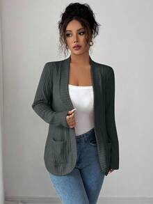 SHEIN PETITE Women's Casual Ribbed Fleece Open Front Side Pocket Short Lightweight Jacket - Grey - View 4