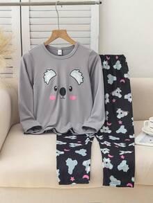 2pcs Girls Cartoon Koala Print Comfortable Loose Long Sleeve Top And Pants Pajama Set Teen Pajamas Set Sleep Wear Set Cartoon Pajamas - Black - View 1