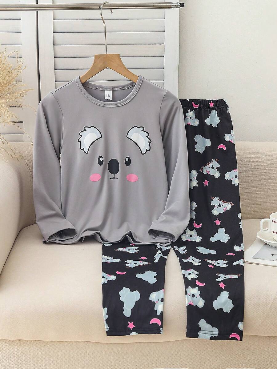 2pcs Girls Cartoon Koala Print Comfortable Loose Long Sleeve Top And Pants Pajama Set Teen Pajamas Set Sleep Wear Set Cartoon Pajamas - Black - View 1
