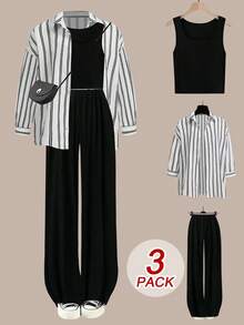 Flirla 大码三件套：白衬衫 + 吊带背心 + 阔腿裤，休闲家居服，秋冬