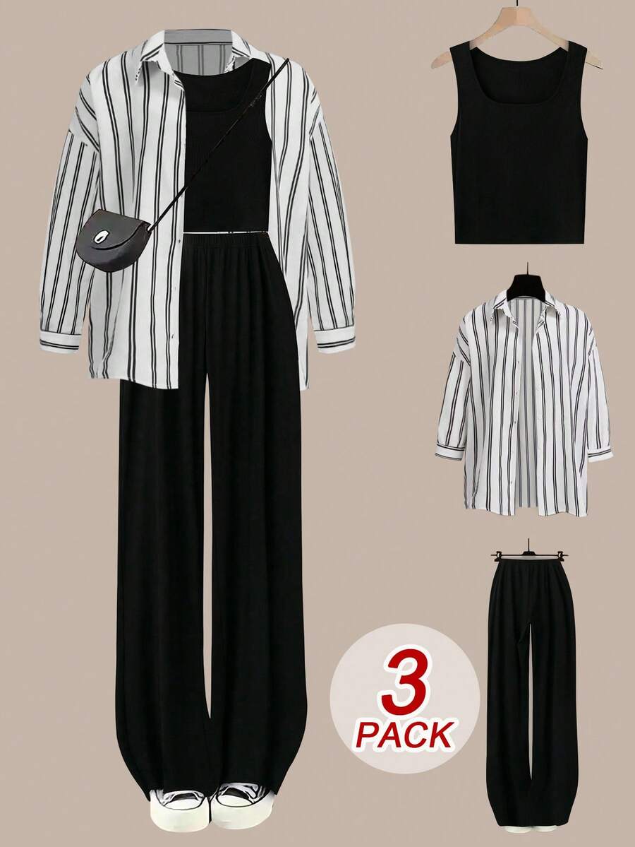 Flirla 大码三件套：白衬衫 + 吊带背心 + 阔腿裤，休闲家居服，秋冬