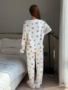 DAZY 可爱蛋糕和小熊印花毛绒宽松女式睡衣套装，秋冬季服装 - 白色 - 查看 2