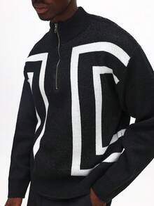 SUMWON Regular Quarter Zip Raised Neck Knitted Jumper With Logo Pattern Chunky Knit Pullover Sweater Plain - Black and White - View 4