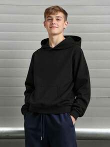 SHEIN Teen Boy Casual Loose Comfortable Versatile Solid Color All-Match Sweatshirt Autumn Winter Clothes ForGirln - Black - View 9