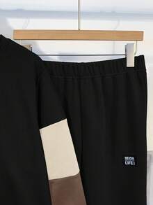 SHEIN 2 件套青少年男童休闲拼布撞色圆领运动衫和慢跑裤套装，适合秋季、冬季、学校、家居、日常、运动、生日派对、郊游，百搭百搭保暖内衬 - 黑色 - 查看 4