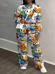Slaydiva Women's Casual Street Style Loose Fit 2 Pieces Outfit Set, Suitable For Autumn/Winter, Graphic Print, Street & Hiphop Style - Multicolor - View 6