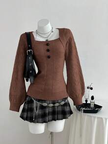 Elamini 可爱心形休闲百搭女式毛衣 - 棕色 - 查看 4